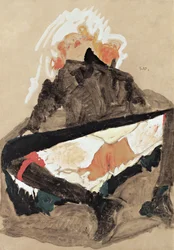 Pige i sort kjole med spredte ben, 1910