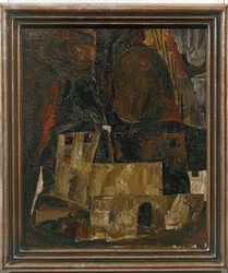 Haus und Mauer vor hügeligem Gelände - Hus og mur foran et bakket landskab ...