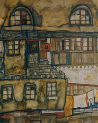 Husmur ved floden (olie på lærred)