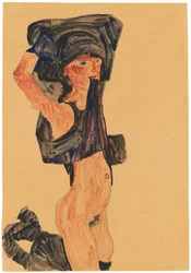 Knælende pige trækker sin nederdel over hovedet, 1910.