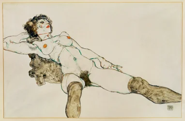 Liggende nøgen kvinde med spredte ben ... (gouache og blyant)
