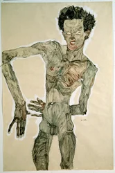Mandlig nøgenfigur (Selvportræt). Tegning af Egon Schiele (1890-1918), 1910. Mål: 55,7 x 36,8 cm. Wien, Graphische Sammlung Albertina