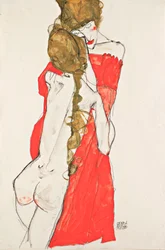 Mor og datter - Værk af Egon Schiele (1890-1918), gouache på papir