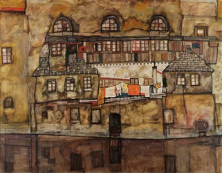 Mur af huse ved floden - Maleri af Egon Schiele (1890-1918), olie på lærred