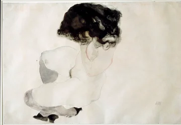 Nøgen hugsiddende. Tegning af Egon Schiele