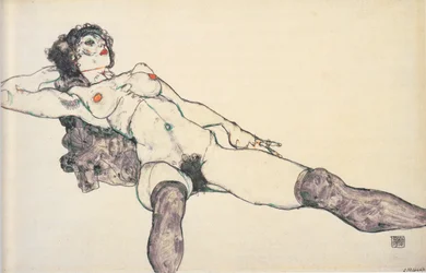 Liggende kvindelig nøgenmodel med spredte ben, 1914