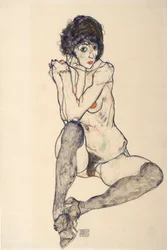 Siddende kvindelig nøgenmodel, albuerne hvilende på højre knæ, 1914