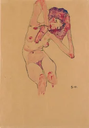 Siddende kvindelig nøgen med bøjet hoved og løftede arme, 1910