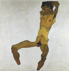 Siddende nøgen mand (selvportræt) - Schiele, Egon (1890-1918) - 1910 - Olie på lærred - 152,5x150 - Leopold Museum, Wien