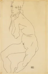 Siddende nøgen kvinde med hånd på hagen, 1914