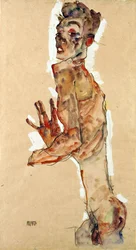 Selvportræt med spredte fingre - Schiele, Egon (1890-1918) - 1911 - Sort kridt, Gouache på papir - 52,5x28 - Leopold Museum, Wien
