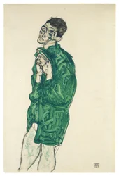Selvportræt i grøn skjorte med lukkede øjne, 1914
