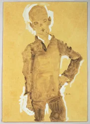Stående dreng, venstre hånd på hoften (gouache, akvarel og blyant med hvid overstregning)