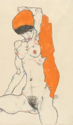 Stående nøgen med orange draperi recto: Study of Nude with Arms Raised verso, 1914.