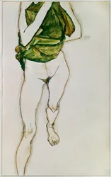 Skridtende torso i grøn skjorte (gouache, akvarel og blyant)