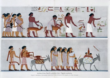Ankomst af en asiatisk familie til det gamle Egypten: Fra gengivelsen af et vægmaleri i "Historical Atlas of Egyptian Art" af Prisse d