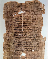 Egyptisk oldtid: papyrus dækket med indskrifter. Kodeks fra det 4. århundrede f.Kr. Mål: 17x28 cm. Alexandria, Egypten, Nationalmuseet