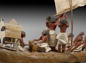 Model af gravskib, fra Beni Hasan, sandsynligvis fra Mellemste Rige, ca. 2060-1786, mixed media detalje af 107032