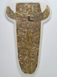 Malet mumiebetræk (forklæde), 305-30 f.Kr. (linned, gesso, maling og forgyldning)