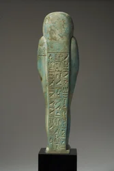 Set bagfra af en ushabti-figur for Hor-Khebi, sendynastisk periode, slutningen af 25.-begyndelsen af 26. dynasti, ca. 700-600 f.Kr. (fajance) (se 270353 for forside)