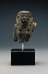 Hoved og skuldre af en kvinde fra en gruppestatue, sandsynligvis en begravelsesdyade, Middle Kingdom (basalt)