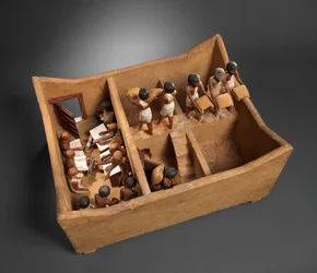 Model af et kornkammer med skriftkloge fra Meketres grav, ca. 1981-1975 f.v.t. (træ, gips, maling, linned, korn)