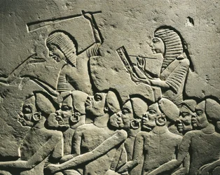 En gruppe sorte fanger omgivet af vagter bevæbnet med køller, mens en skriver udarbejder en rapport. Relief fra Horemhebs grav i Saqqara, detalje