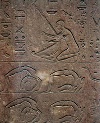 Festligheder med harpespiller og akrobater, relief, Hatshepsuts røde kapel, rekonstruktion udstillet på Karnak-museet, Egyptisk civilisation, Det Nye Rige, XVIII. dynasti