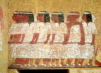 Cortege, der trækker kongens katafalke, fra Tutankhamons grav (ca. 1370-52 f.Kr.) New Kingdom (vægmaleri)