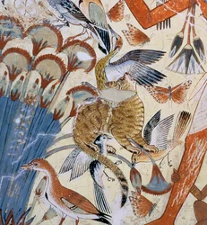 Detalje af en kat, fra Nebamun på jagt i marsken med sin hustru og datter, del af et vægmaleri fra Nebamuns gravkapel, Theben, Det Nye Rige, ca. 1350 f.Kr.