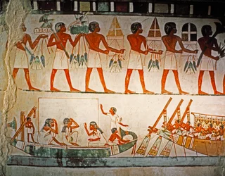 EGYPTISK KUNST: Vægmaleri i Nakhts grav i Elwet el-Sheik Abdel Q..., ca. 1425 f.Kr (kalksten)