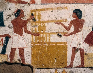 Egypten, Luxor, Vest-Theben, Adelsdalen. Nenamons og Ipukis grav. Fresko af tømrere på arbejde. (New Kingdom, Dynasti XVIII)