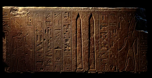 Egyptisk antikvitet: detalje af en indgraveret freskomaleri, der forestiller dronning Hatshepsut (til venstre) og to obelisker ved Amons tempel - år 15 af hendes regeringstid (1475-1468 f.Kr.) 18. dynasti - Luxor, Egyptisk kunstmuseum