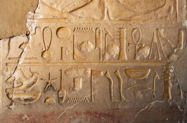 Egyptisk antikvitet: detalje af en inskription med patron og hieroglyffer, der repræsenterer langt liv og velstand. Tempel dedikeret til dronning Hatshepsut (Hatshepsut) (1479 f.Kr. - 1457 f.Kr.) Deir el Bahari, Egypten