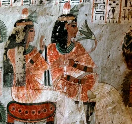 Egyptisk oldtid: fremstilling af Nebtawy (Nebtaoui), hustru til skriveren Roy og hans søster. Maleri fra Roys grav (TT255). 18. dynasti. Fra Luxors vestbred, Egypten