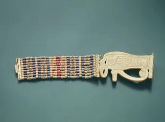 Fleksibelt perlearmbånd, fra Tutankhamons grav, New Kingdom (guld og karneol med guld, fajance og glasperler) (se også 391012-13)