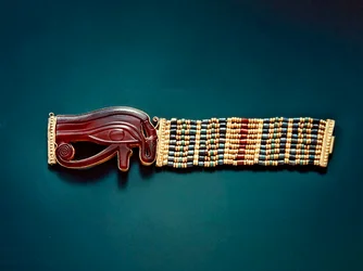 Fleksibelt perlearmbånd, fra Tutankhamons grav, New Kingdom (guld og karneol med guld, fajance og glasperler) (se også 391011-12)