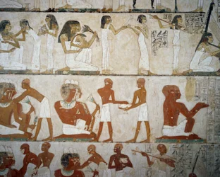 Begravelsesfest med kvindelige musikere, damer, der pynter sig med smykker, mænd og musikere, Rekhmires grav, Sheikh Abd el Qurna Necropolis, Luxor, Theben (Unescos verdensarvsliste