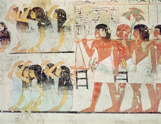 Gruppe af sørgende i Ramoses begravelsesoptog, fra Ramoses gravkapel, New Kingdom, ca. 1360 f.Kr. (vægmaleri)
