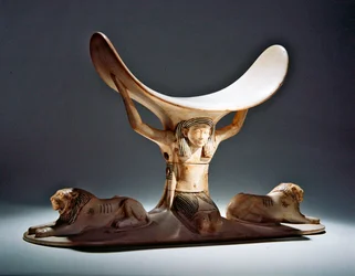 Nakkestøtte med Shu, den egyptiske luftgud, fra Tutankhamons grav, Det Nye Rige