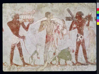 Kushitter, der bærer tribut af guld, elfenben og dyreskind, fra Rekhmires grav, vesir for Thutmosis III og Amenhotep II, Det Nye Rige
