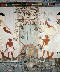 Menna og hans familie fisker og fugler i marskene ved Nilen, detaljer fra fresker i kapellet i Mennas grav, Sheikh Abd el Qurnah Necropolis, Luxor, Theben (Unescos verdensarvsliste
