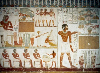 Musikere, detaljer fra fresker i Userhats grav, Sheikh Abd el Qurnah Necropolis, Luxor, Theben (Unescos verdensarvsliste