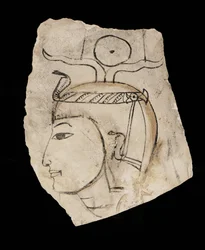Ostrakon med portræt af farao Amenhotep I, æret beskytter af håndværkerne i Deir el Medina ...