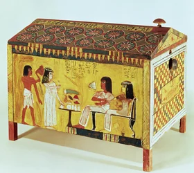 Malet kiste med en banketscene fra Khas grav (d.c.1390-52 f.Kr.) fundet i Deir el-Medina, New Kingdom (træ)