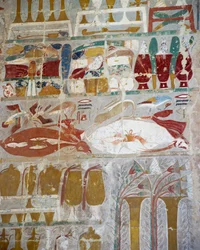 Proviant og keramik ofret til guderne af dronning Hatshepsut, malet relief, Anubis-kapellet, dronning Hatshepsuts gravtempel, også kendt som Djeser-Djeseru, Deir el-Bahri, Theben. Egyptisk civilisation, Det Nye Rige, Dynasti XVIII