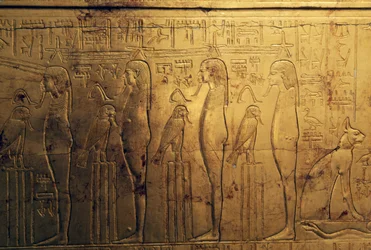 Relieffer af første register i det ydre panel i det andet gravkapel, Tutankhamons skatkammer, Egypten, Egyptisk civilisation, Det Nye Rige, XVIII. dynasti