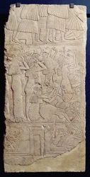 Beklagelsesscene under en begravelse fra Sakkara, New Kingdom, ca. 1330 f.Kr. (kalksten)