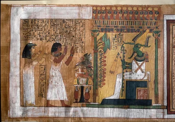 Den afdøde Kha og hans hustru Merit tilbeder Osiris, hersker over efterlivet - Papyrus fra De Dødes Bog, fra arkitekten Khas gravkammer