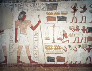 Vejningen af kobber, freskomaleri, Brugerhats grav, vejleder og skriver under Amenhotep II